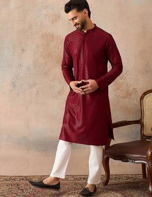 Mens maroon rayon embroidered solid straight kurta with trousers 3