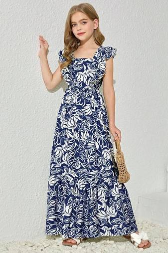 Blue & white floral printed cotton ruffle maxi dress for girls