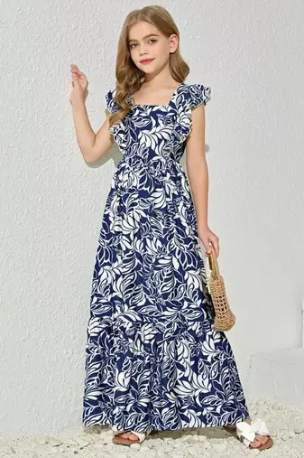 Blue & white floral printed cotton ruffle maxi dress for girls