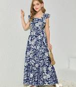 Blue & white floral printed cotton ruffle maxi dress for girls