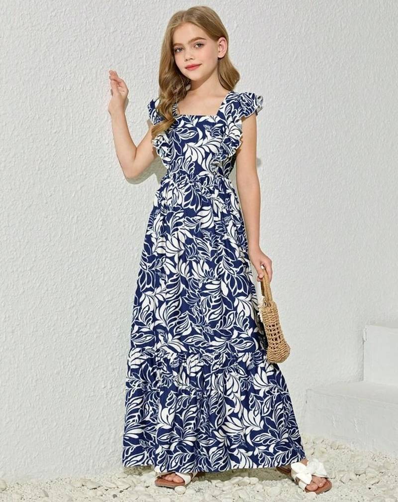 Blue & white floral printed cotton ruffle maxi dress for girls
