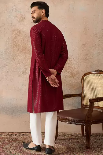 Mens maroon rayon embroidered solid straight kurta with trousers
