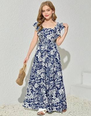 Blue & white floral printed cotton ruffle maxi dress for girls 2