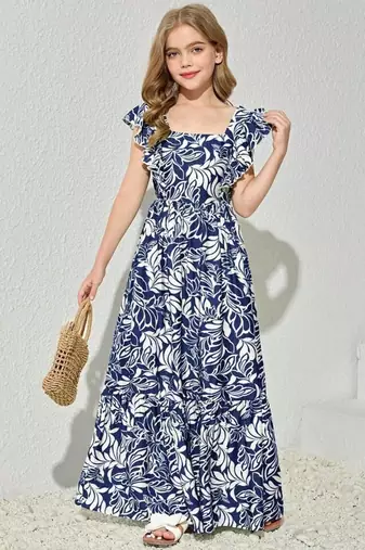 Blue & white floral printed cotton ruffle maxi dress for girls