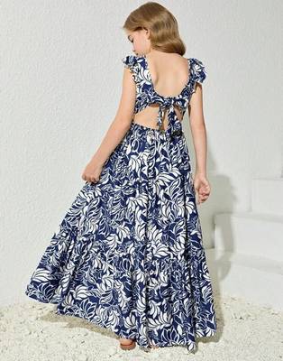 Blue & white floral printed cotton ruffle maxi dress for girls 3