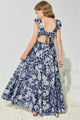Blue & white floral printed cotton ruffle maxi dress for girls