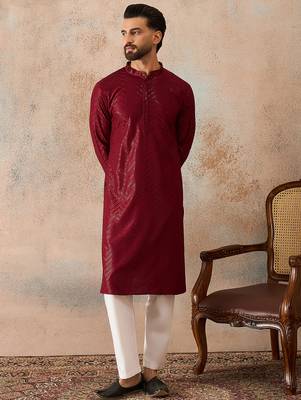 Mens maroon rayon embroidered solid straight kurta with trousers 5