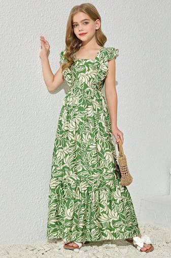 Green & white floral printed cotton ruffle maxi dress for girls