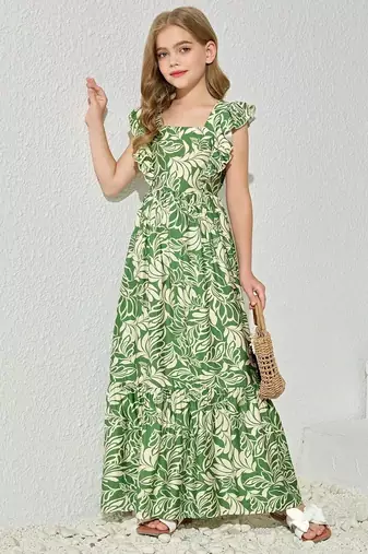 Green & white floral printed cotton ruffle maxi dress for girls