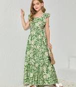 Green & white floral printed cotton ruffle maxi dress for girls