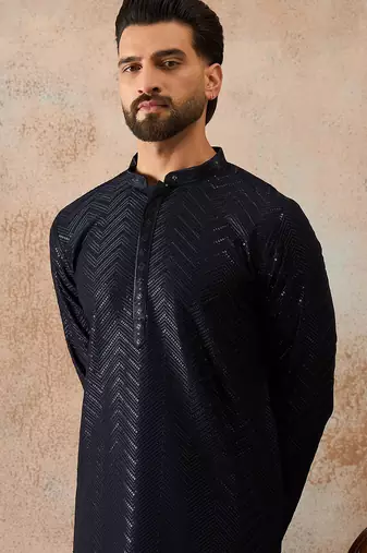 Mens blue rayon embroidered solid straight kurta with trousers
