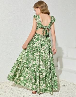 Green & white floral printed cotton ruffle maxi dress for girls 2