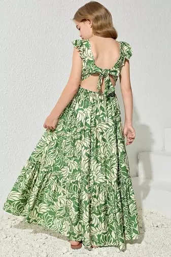 Green & white floral printed cotton ruffle maxi dress for girls