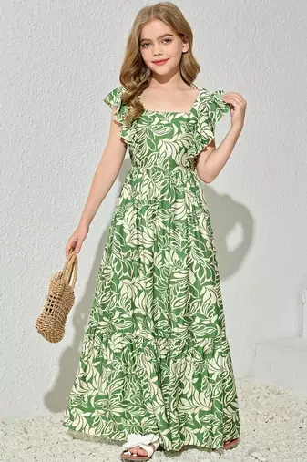 Green & white floral printed cotton ruffle maxi dress for girls