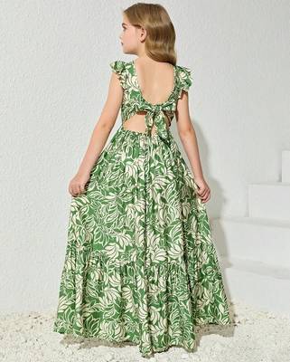 Green & white floral printed cotton ruffle maxi dress for girls 4