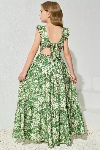 Green & white floral printed cotton ruffle maxi dress for girls
