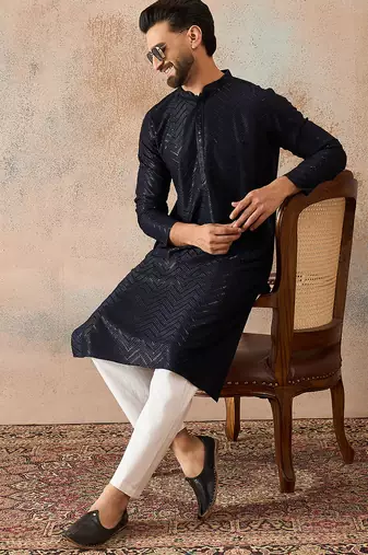 Mens blue rayon embroidered solid straight kurta with trousers