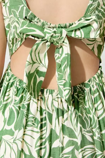 Green & white floral printed cotton ruffle maxi dress for girls