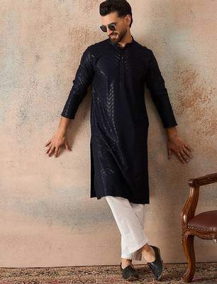 Mens blue rayon embroidered solid straight kurta with trousers 5