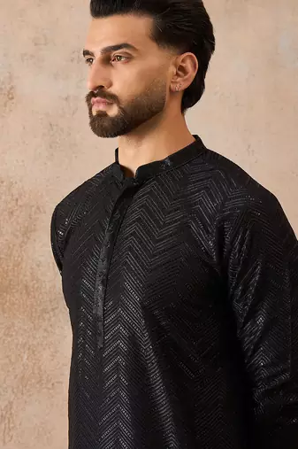 Mens black rayon embroidered solid straight kurta with trousers