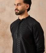 Mens black rayon embroidered solid straight kurta with trousers