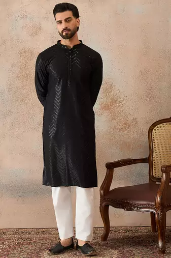 Mens black rayon embroidered solid straight kurta with trousers
