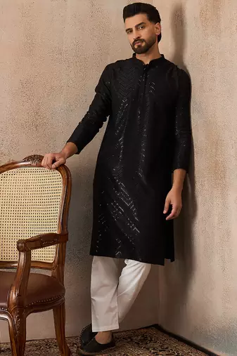 Mens black rayon embroidered solid straight kurta with trousers