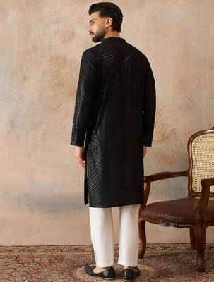 Mens black rayon embroidered solid straight kurta with trousers 4
