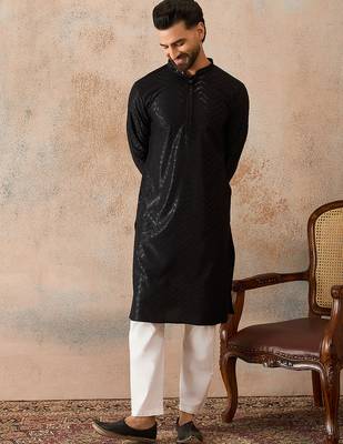 Mens black rayon embroidered solid straight kurta with trousers 5
