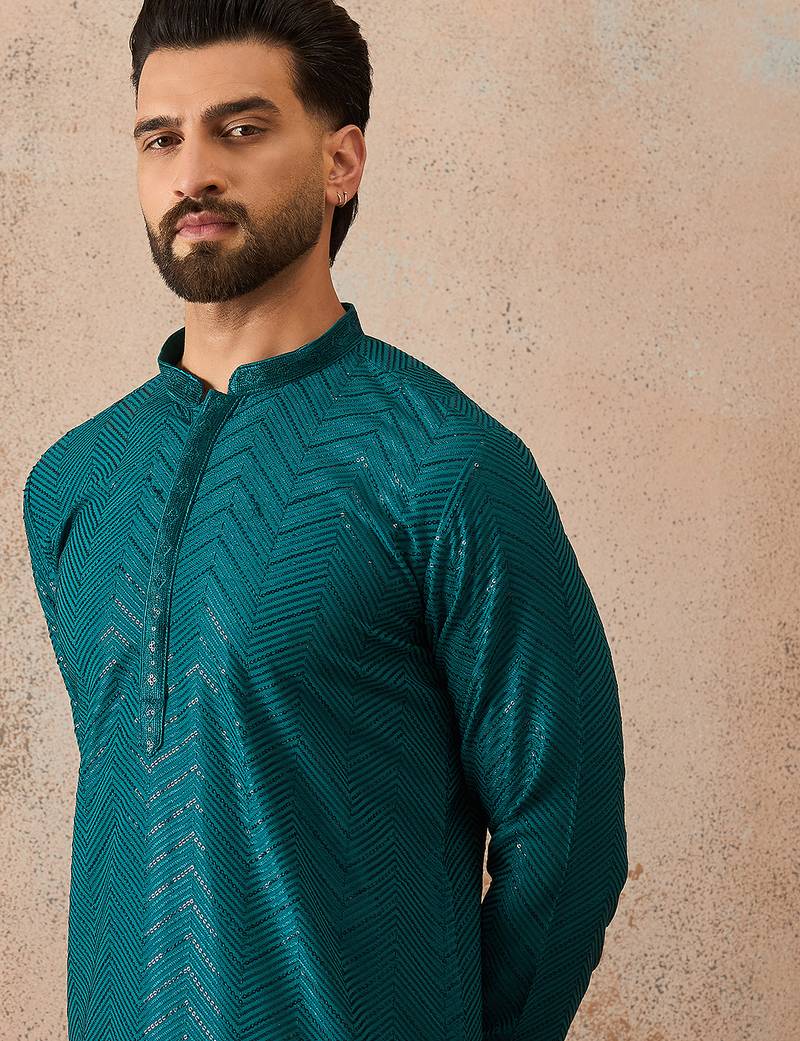Mens turquoise blue rayon embroidered solid straight kurta