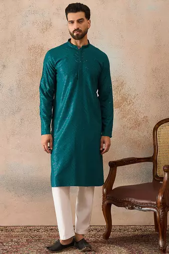 Mens turquoise blue rayon embroidered solid straight kurta