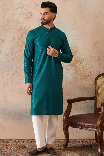 Mens turquoise blue rayon embroidered solid straight kurta