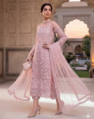 Womens new soft net with heavy embroiedery with sequence work kurta set 1