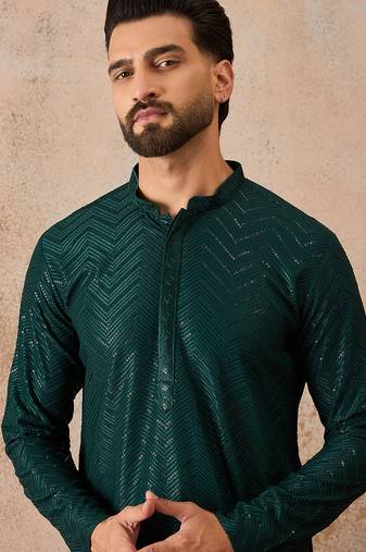 Mens green rayon embroidered solid straight kurta