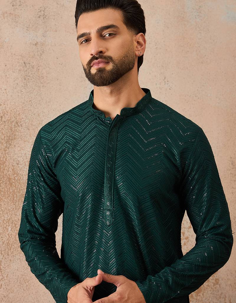 Mens green rayon embroidered solid straight kurta