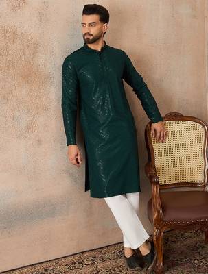Mens green rayon embroidered solid straight kurta 3