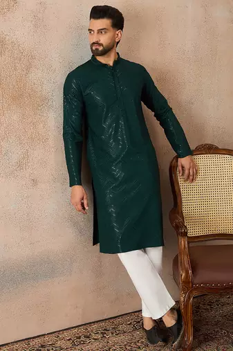 Mens green rayon embroidered solid straight kurta
