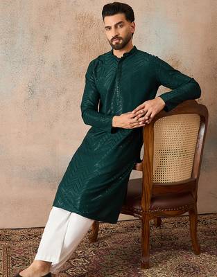 Mens green rayon embroidered solid straight kurta 5