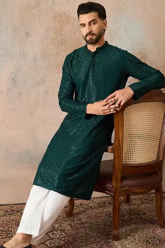 Mens green rayon embroidered solid straight kurta
