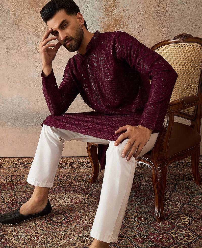 Mens purple rayon embroidered solid straight kurta