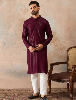 Mens purple rayon embroidered solid straight kurta 2