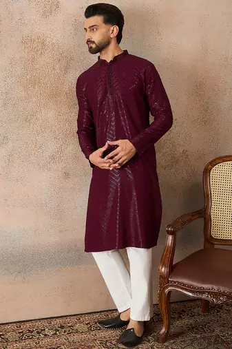 Mens purple rayon embroidered solid straight kurta