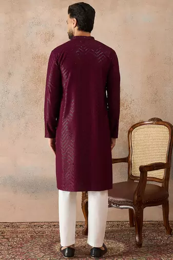 Mens purple rayon embroidered solid straight kurta
