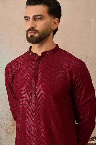 Mens maroon rayon embroidered solid straight kurta