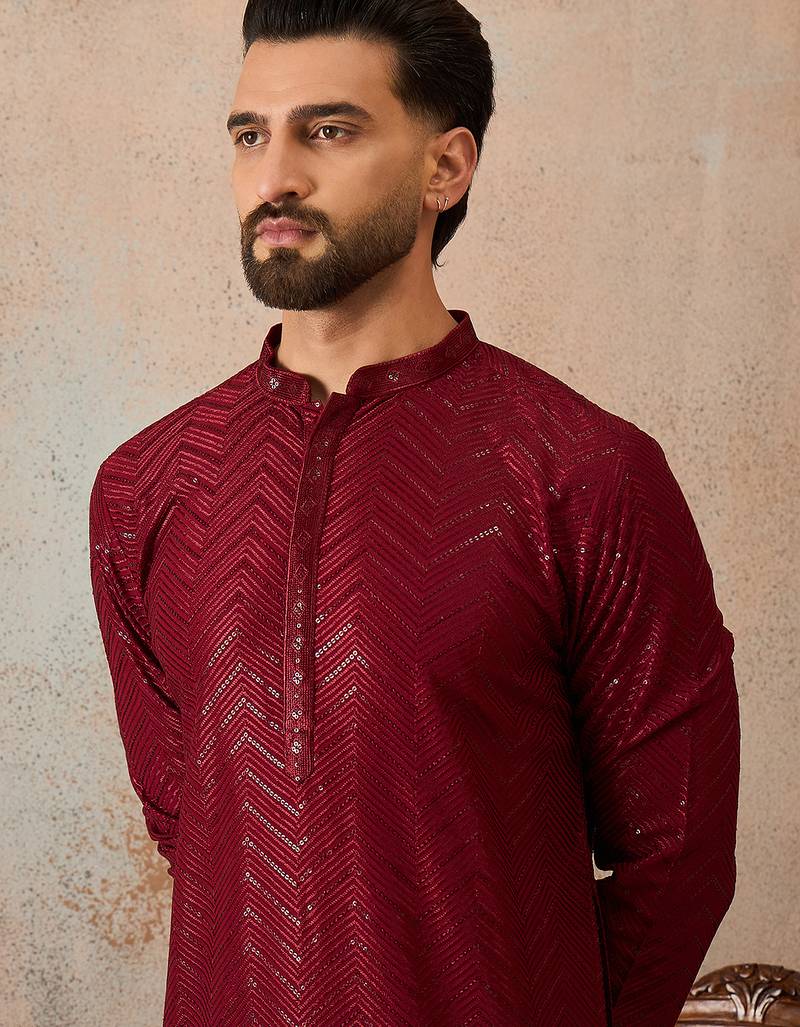 Mens maroon rayon embroidered solid straight kurta