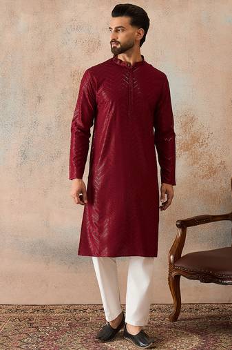 Mens maroon rayon embroidered solid straight kurta