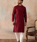 Mens maroon rayon embroidered solid straight kurta