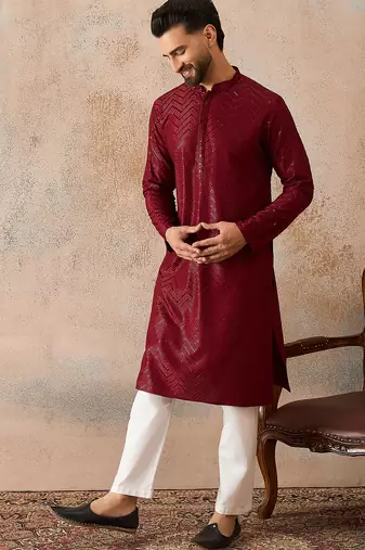 Mens maroon rayon embroidered solid straight kurta