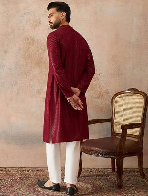 Mens maroon rayon embroidered solid straight kurta 4