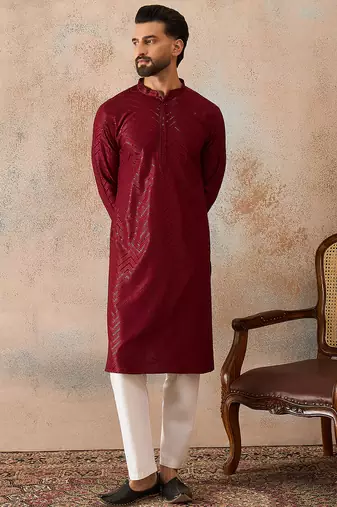 Mens maroon rayon embroidered solid straight kurta